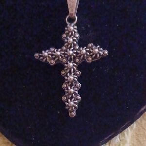 Ornate 925 Sterling Silver Floral Cross Pendant On 16" (Total Length) Chain.